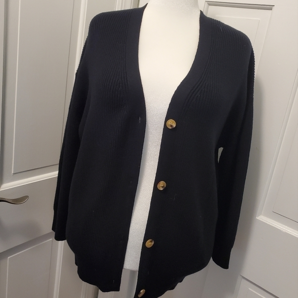 AUTOMET Black Ribbed Chunky Knit Oversized Button Front Cardigan Size Small